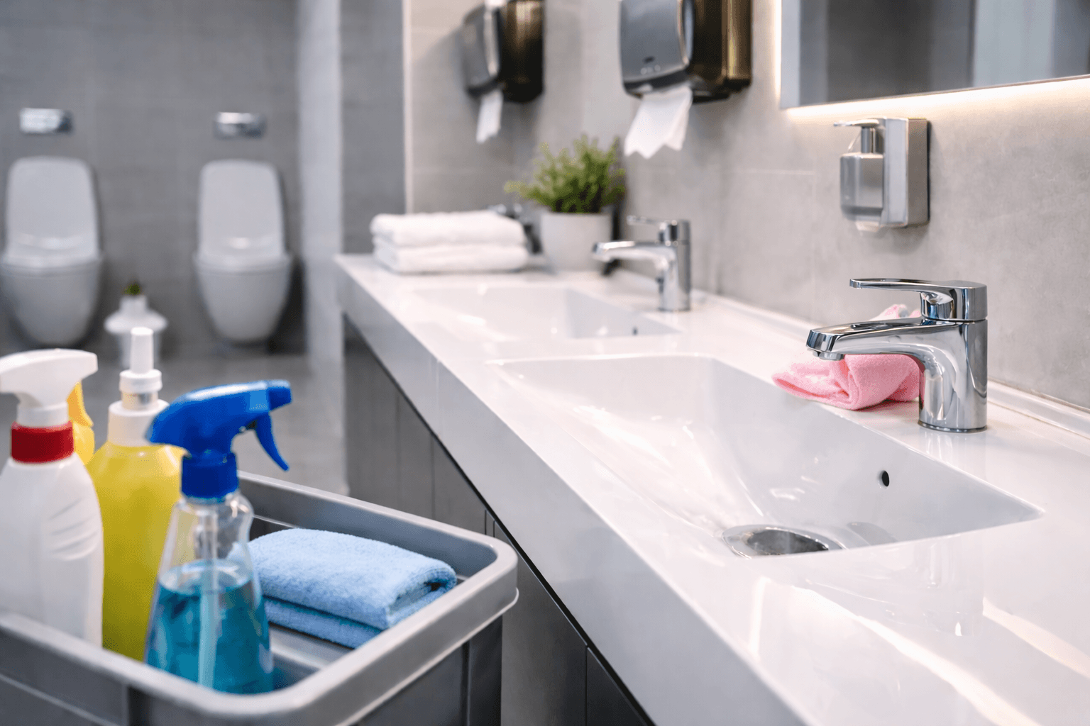 Sanitär- und Hygienereinigung in modernen Unternehmensgebäuden mit sauberen Waschbereichen