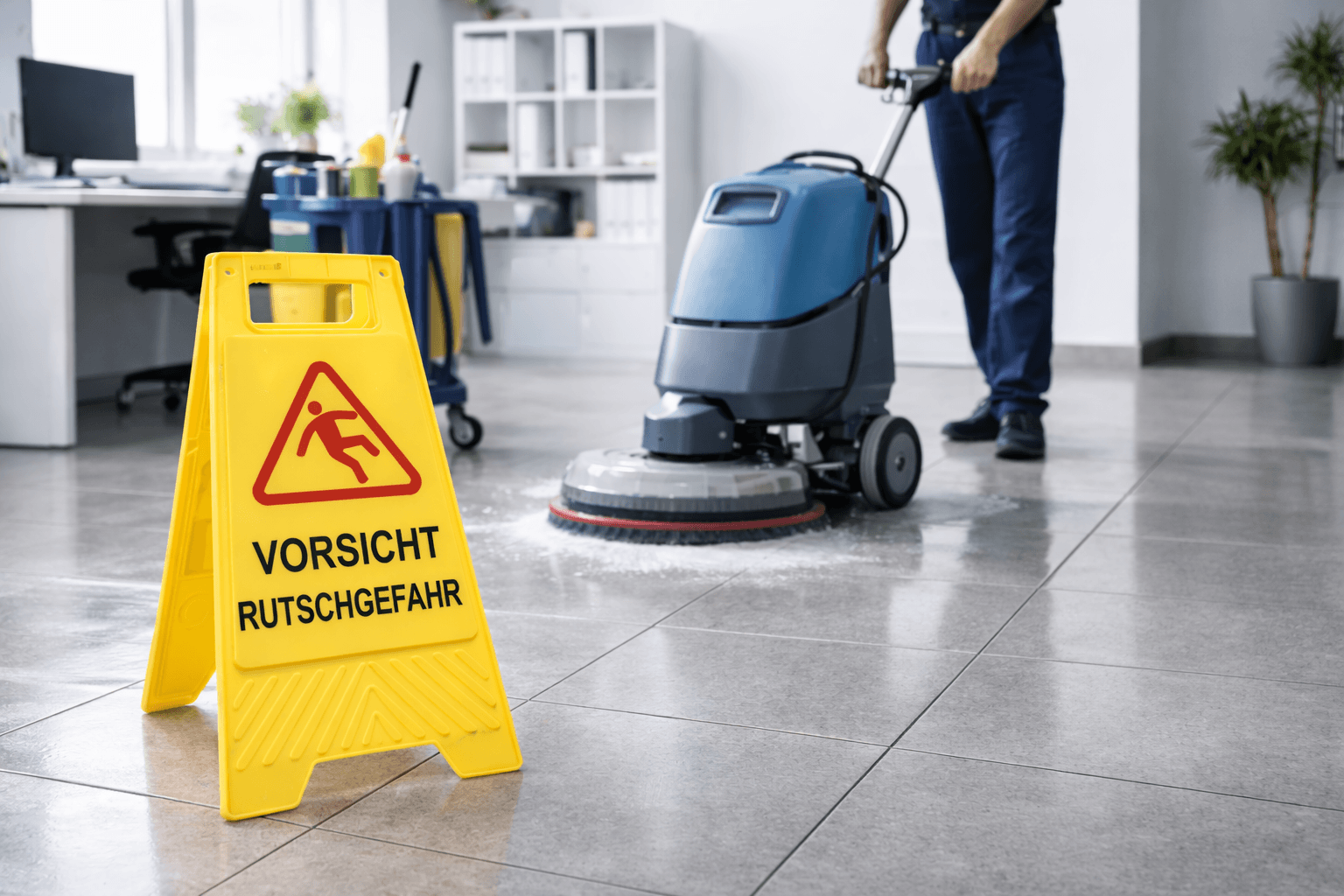 Bodenreinigung und Pflege in Unternehmen mit professioneller Reinigungsmaschine im Büro