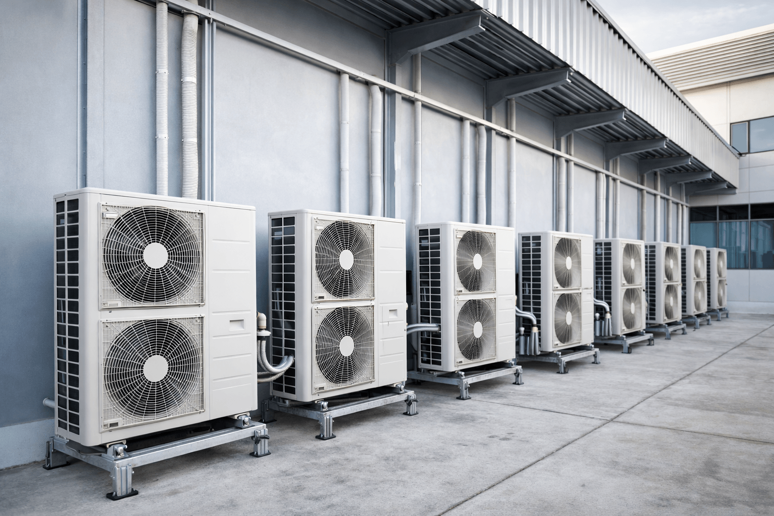 Installation von Klimaanlagen im Gewerbebereich mit mehreren Außengeräten an einer Industrieimmobilie