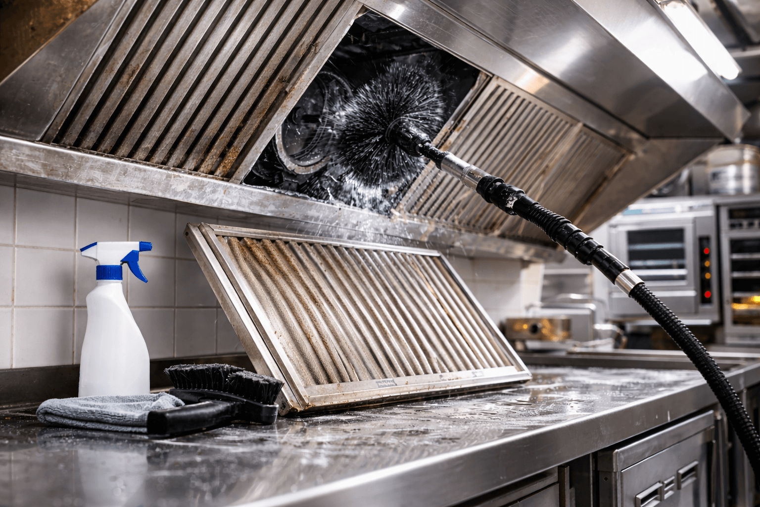 Professionelle Lüftungsreinigung in einer Gastronomieküche mit rotierender Bürste und Abluftsystem
