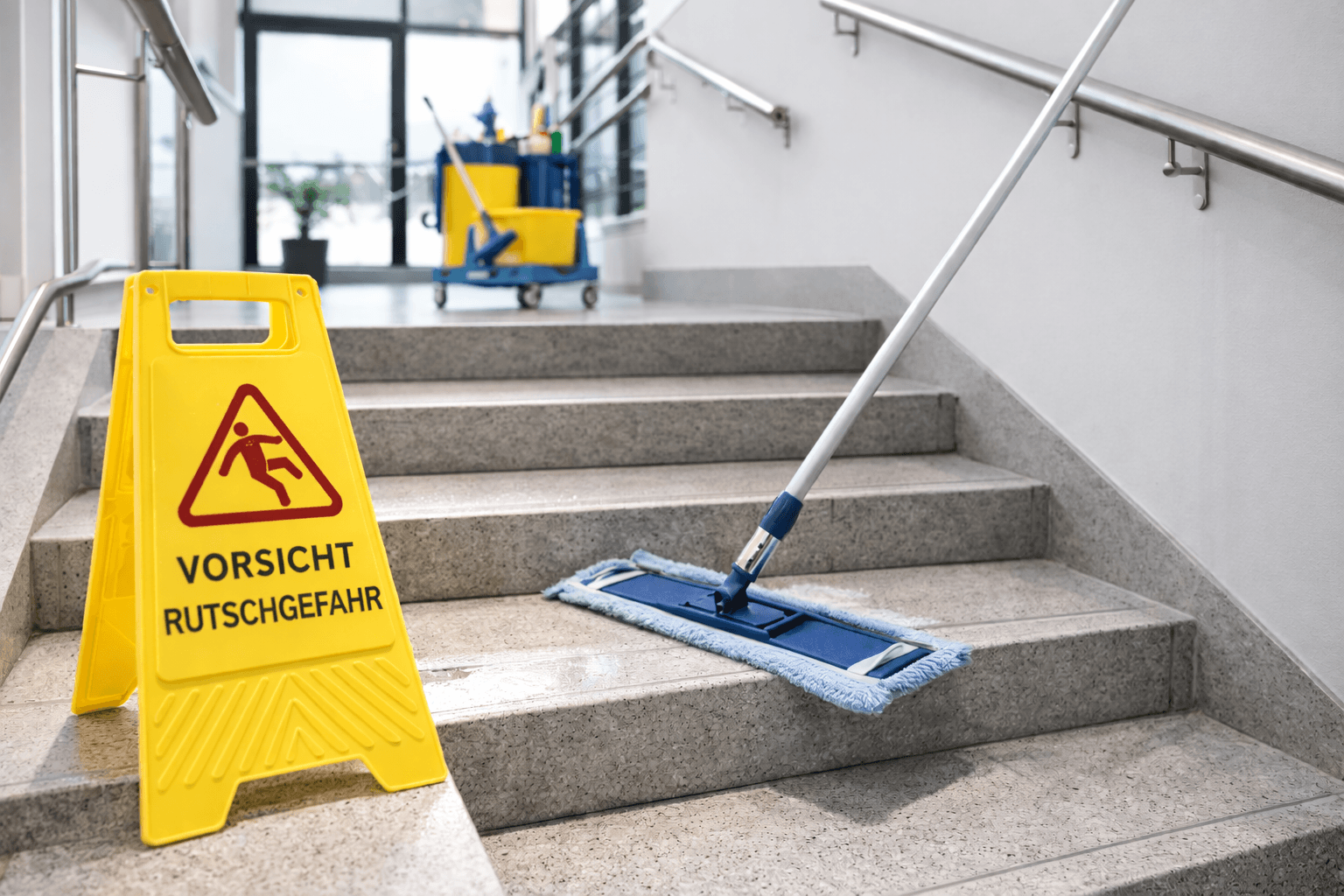 Treppenhausreinigung und Reinigung von Verkehrsflächen in Unternehmensgebäuden mit professioneller Ausrüstung