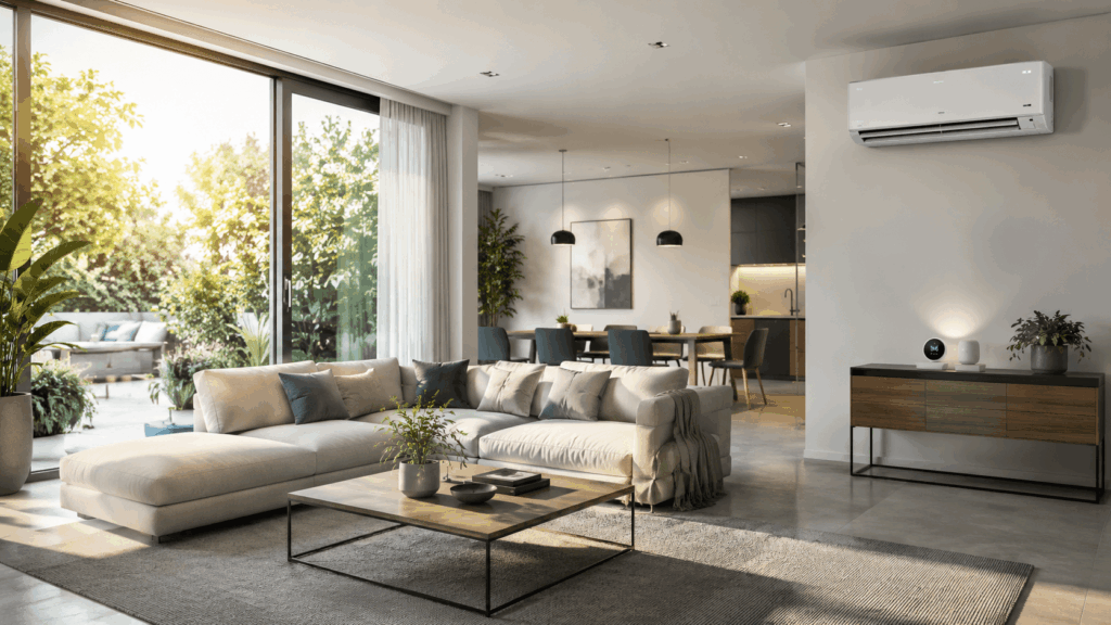 Moderne Klimaanlage in hellem Wohnraum als Wertsteigerung für Immobilien.