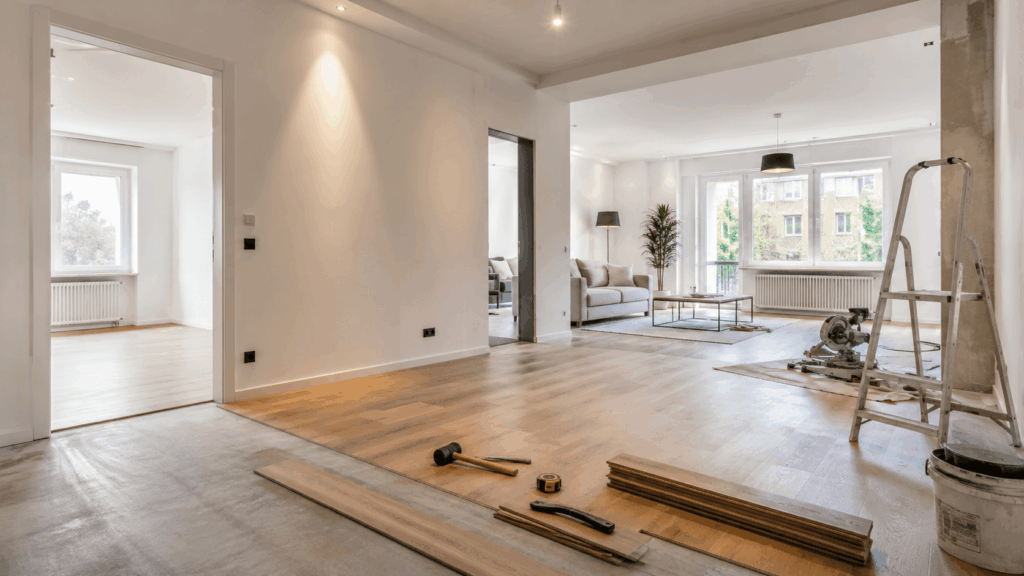 Modern renovierte Wohnung in Essen mit neuem Boden, hellen Wänden und Renovierungswerkzeugen